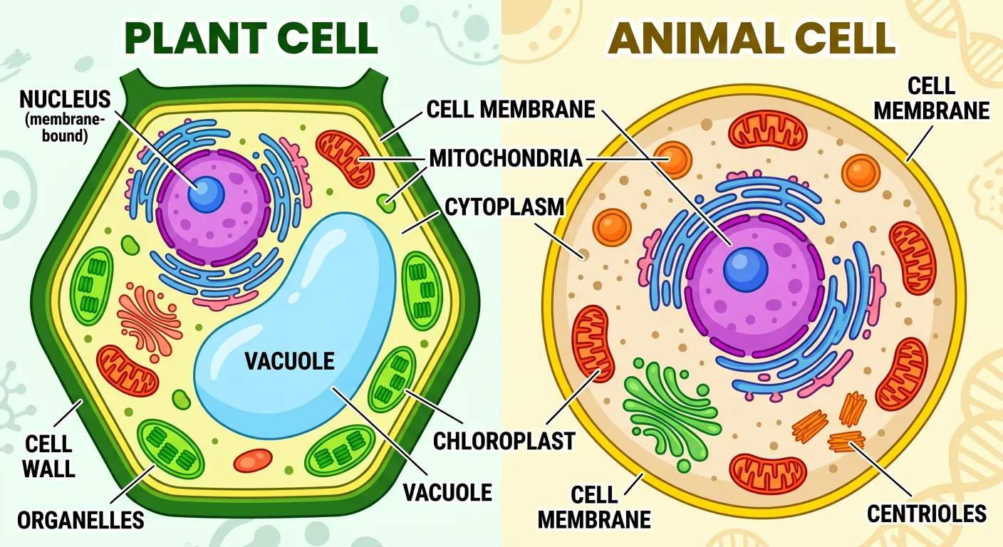 Detailed eukaryotic cell with labeled organelles like nucleus, mitochondria, and ER.