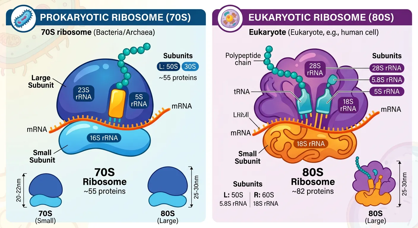 Comparison of 80S eukaryotic ribosomes and 70S prokaryotic ribosomes.