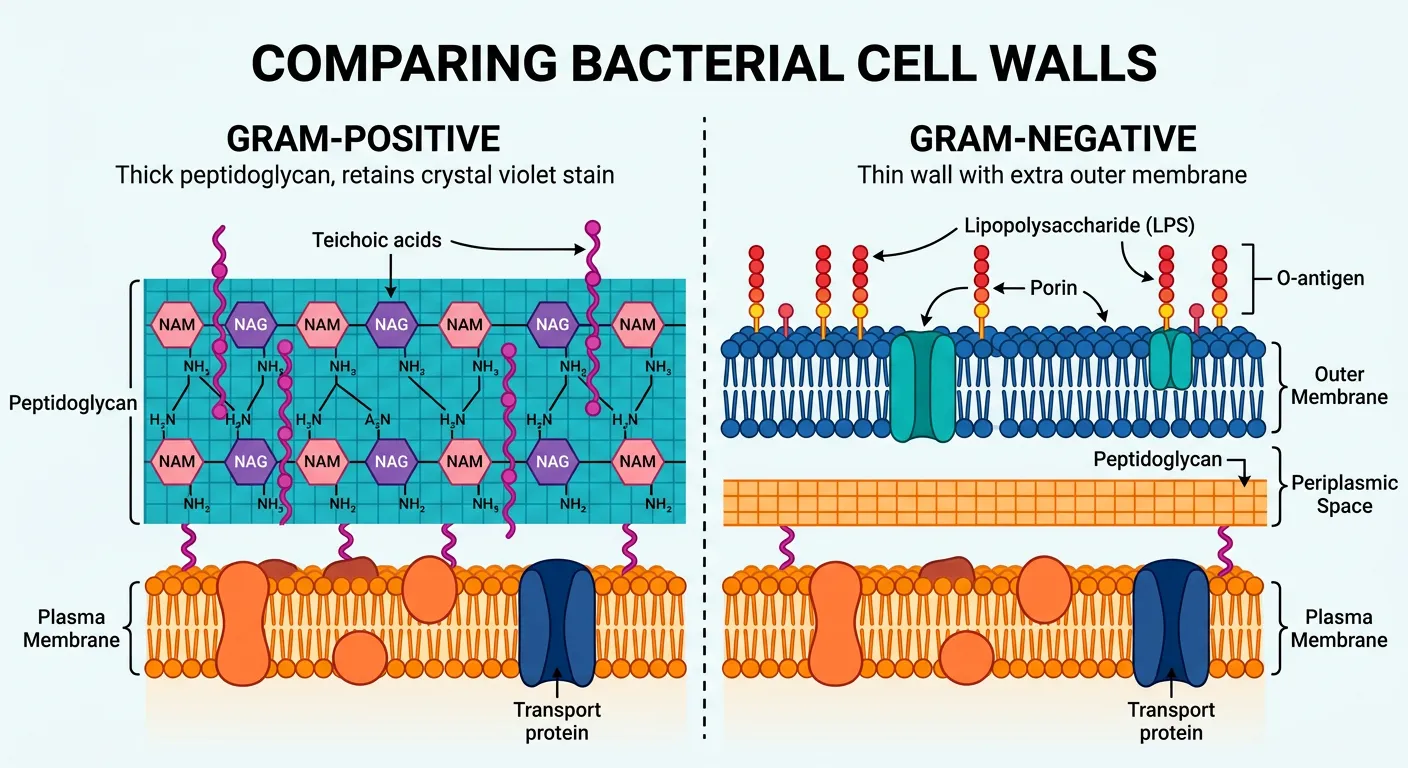 Comparison of Gram-positive and Gram-negative cell wall structures.