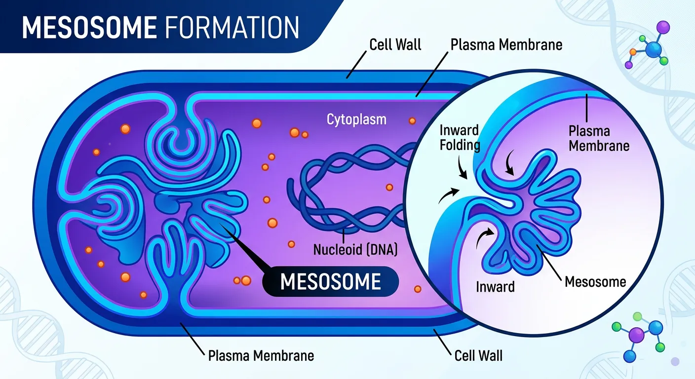 Diagram illustrating mesosome formation and various membrane extensions.