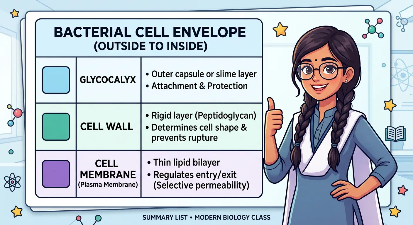 Summary infographic of the bacterial cell envelope and its key components.