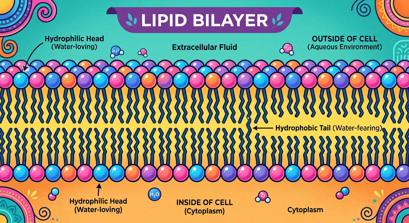 Molecular view of the phospholipid bilayer showing heads and tails