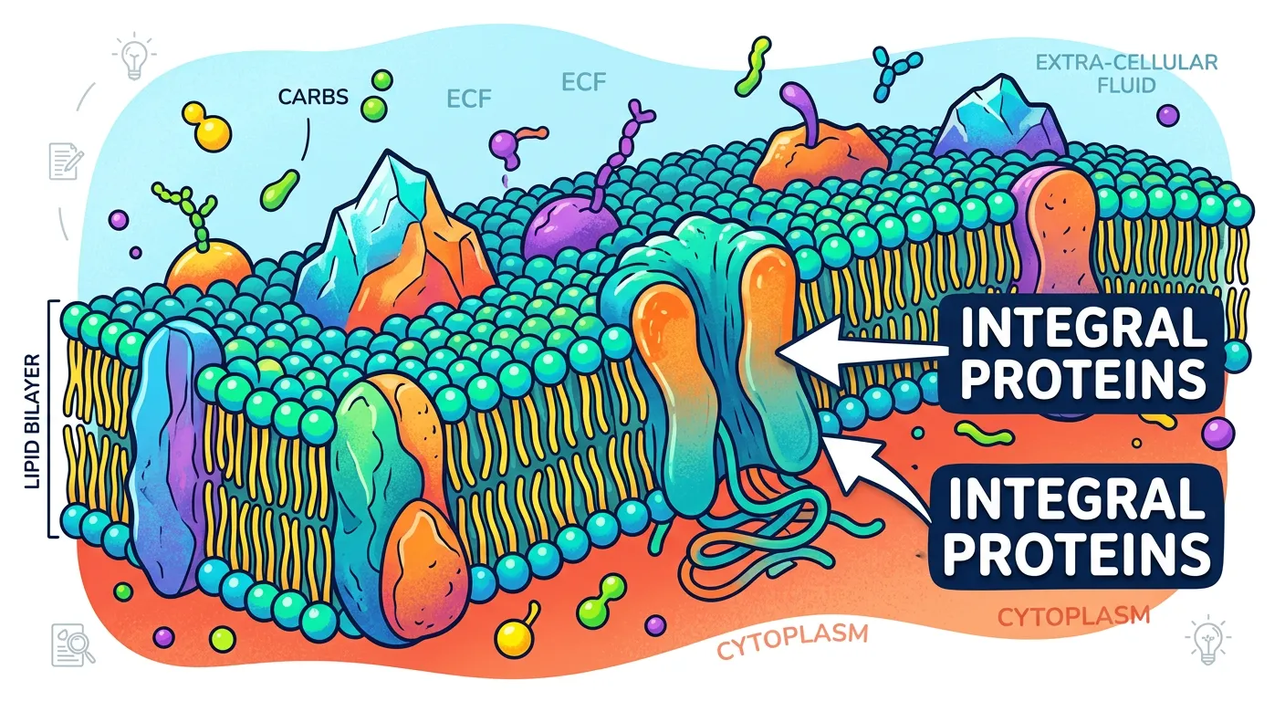 Close-up of integral and peripheral proteins within the lipid bilayer