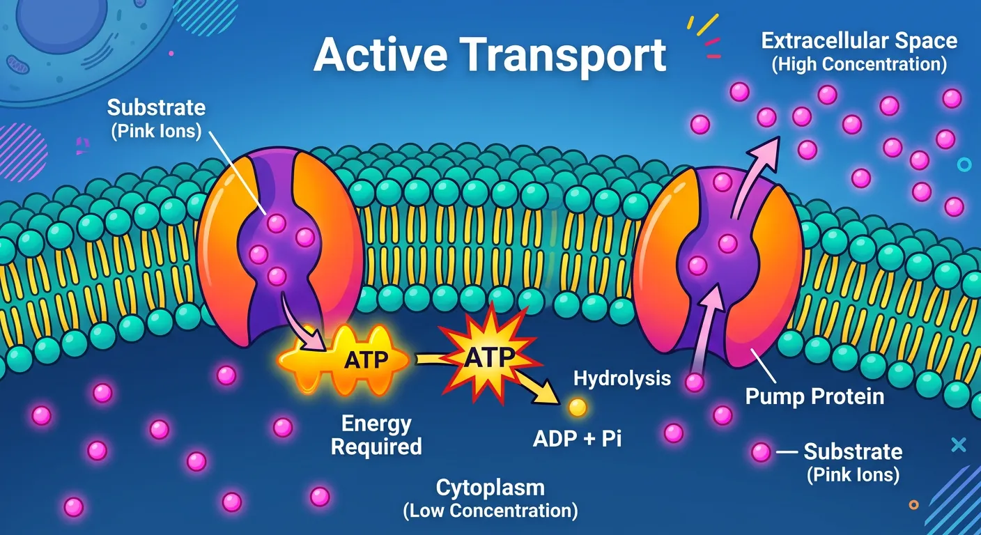 Diagram of a protein pump using ATP to move ions against a gradient