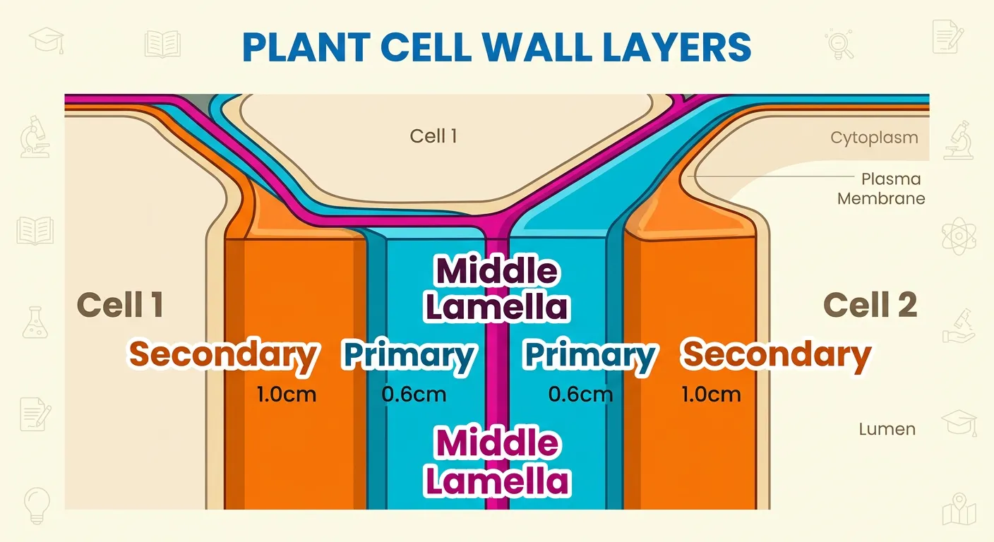 Cross-section of plant cell walls showing middle lamella, primary wall, and secondary wall.