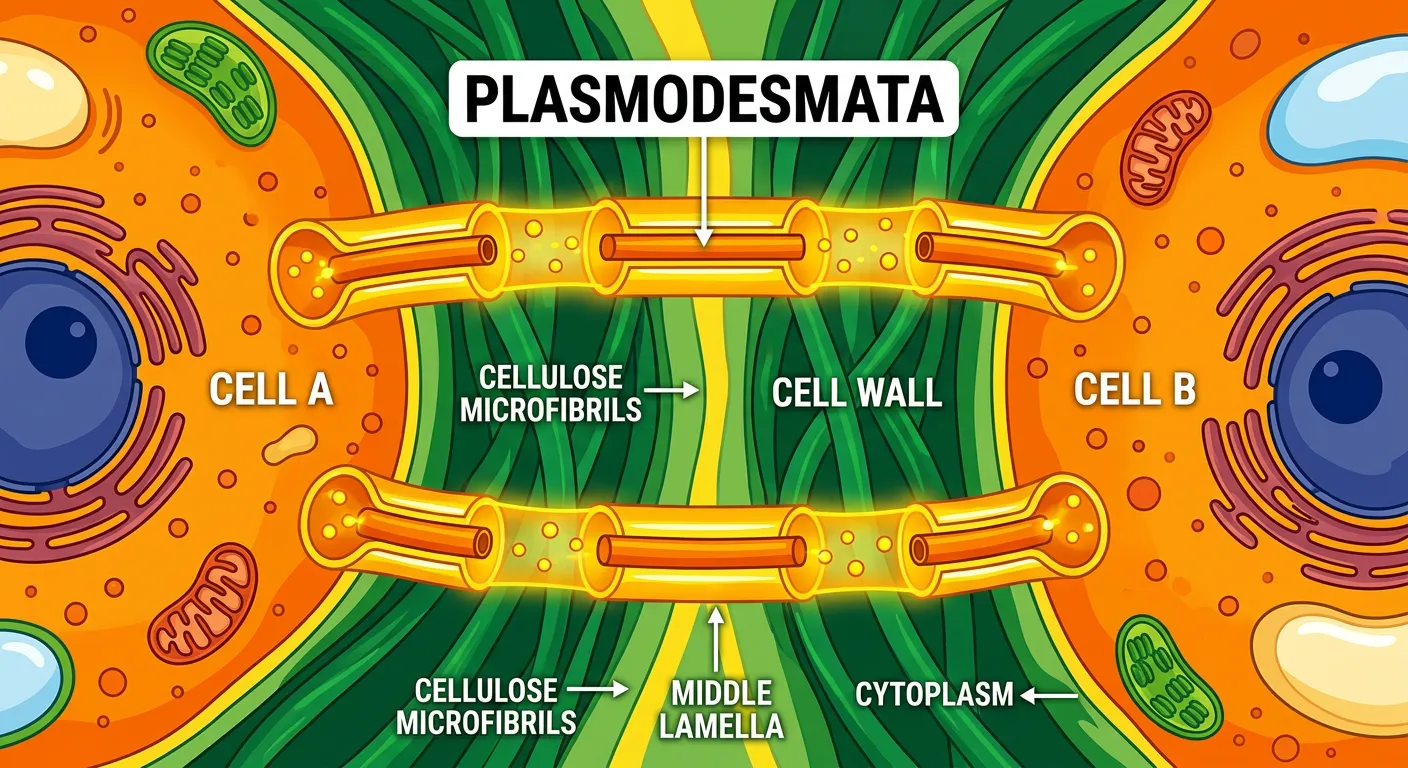 Microscopic view of plasmodesmata connecting two plant cells through the cell wall.