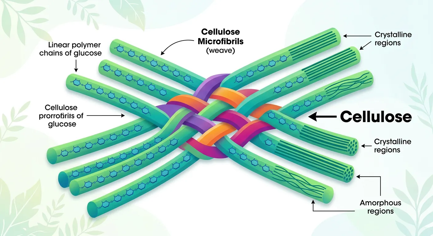 Molecular structure of cellulose microfibrils within the cell wall matrix.