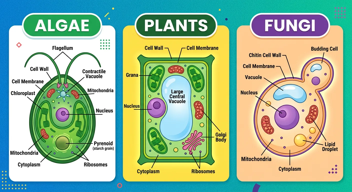 Infographic showing different cell wall compositions in plants, algae, and fungi.