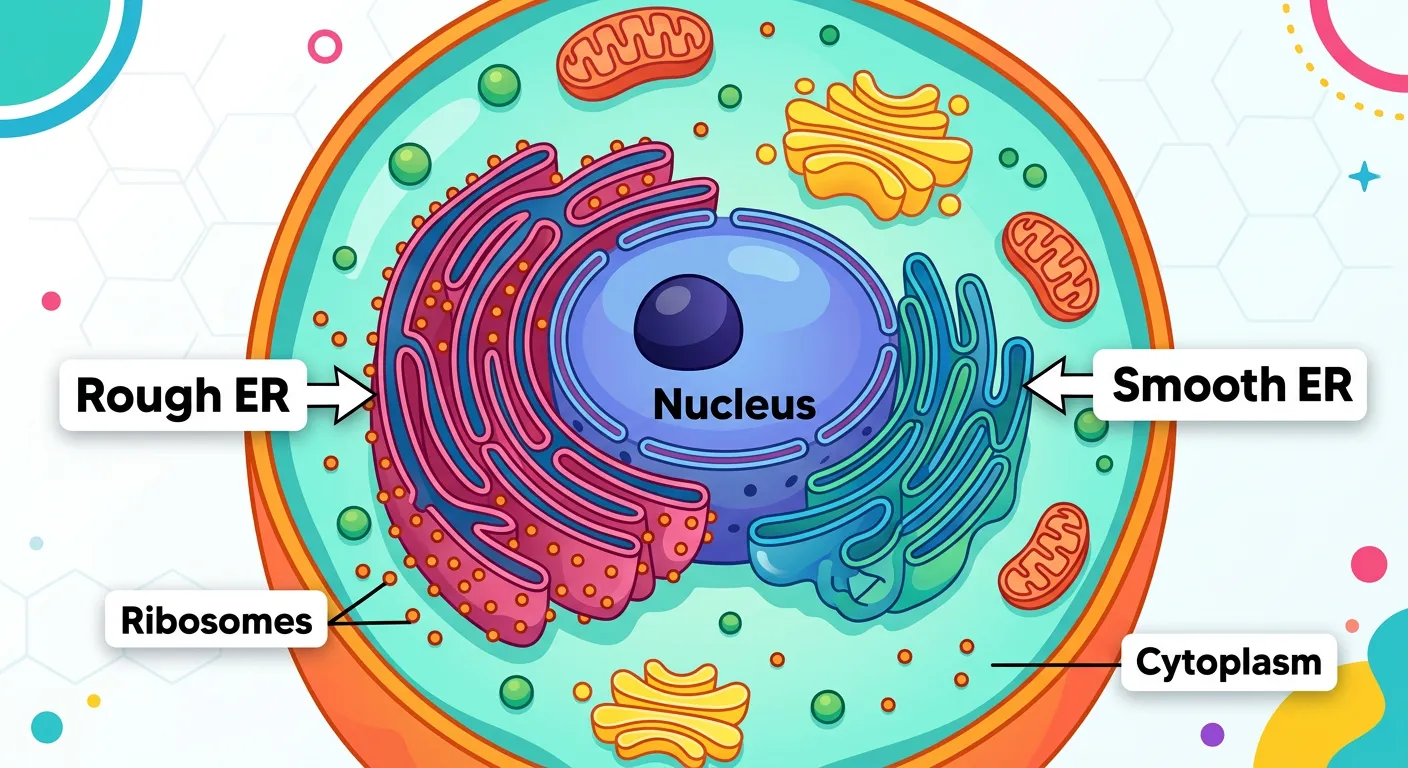 Diagram showing Rough ER with ribosomes and Smooth ER