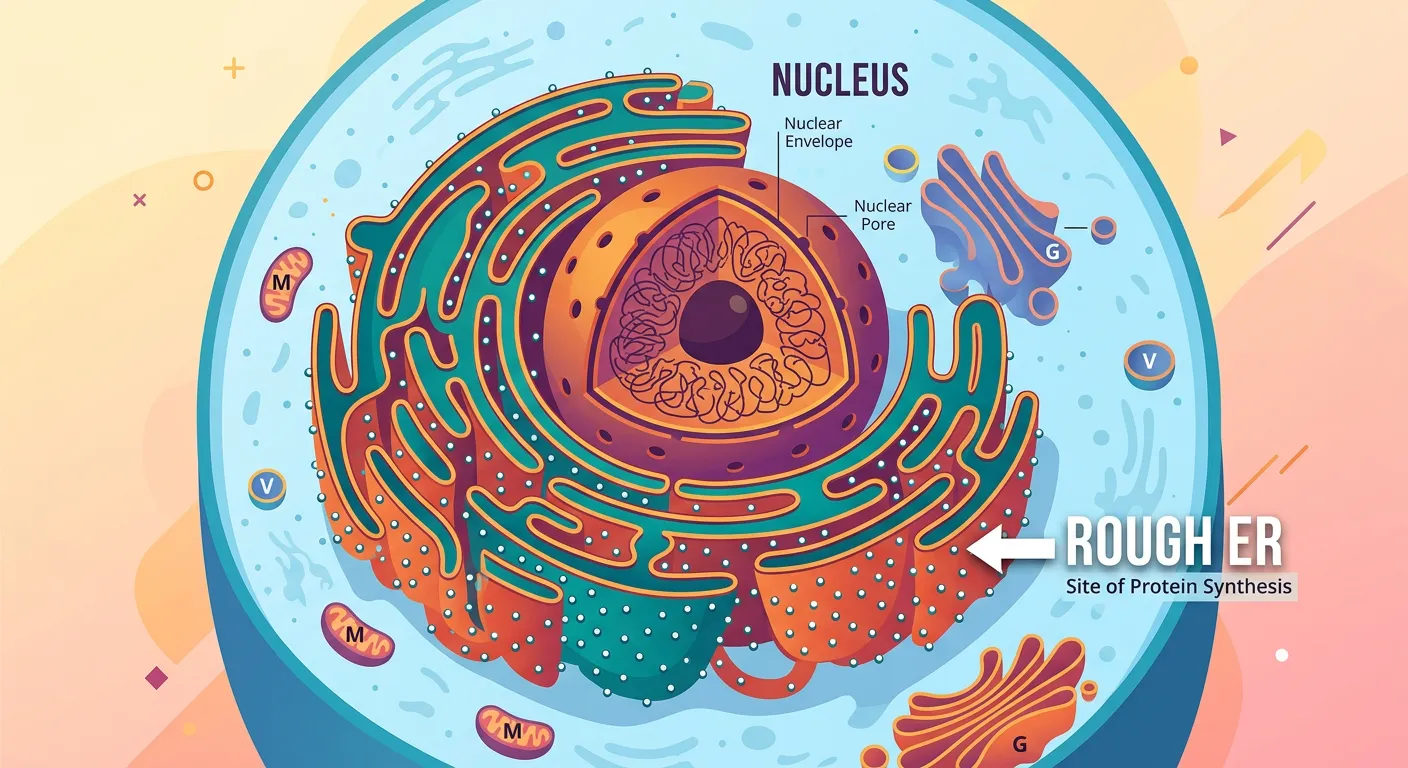 Microscopic view of Rough ER with ribosomes attached to cisternae