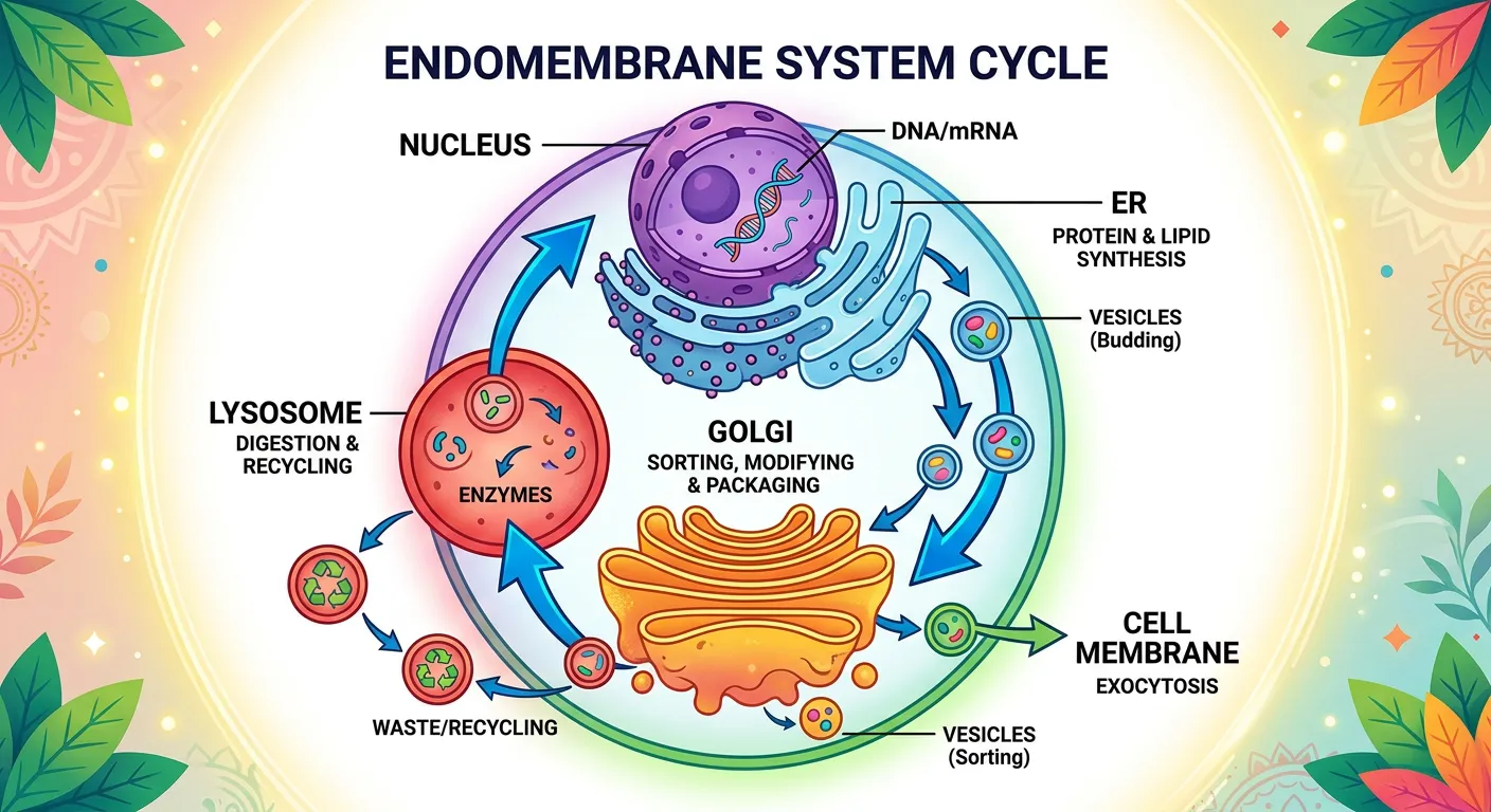 Overview diagram showing the flow of material through the entire endomembrane system