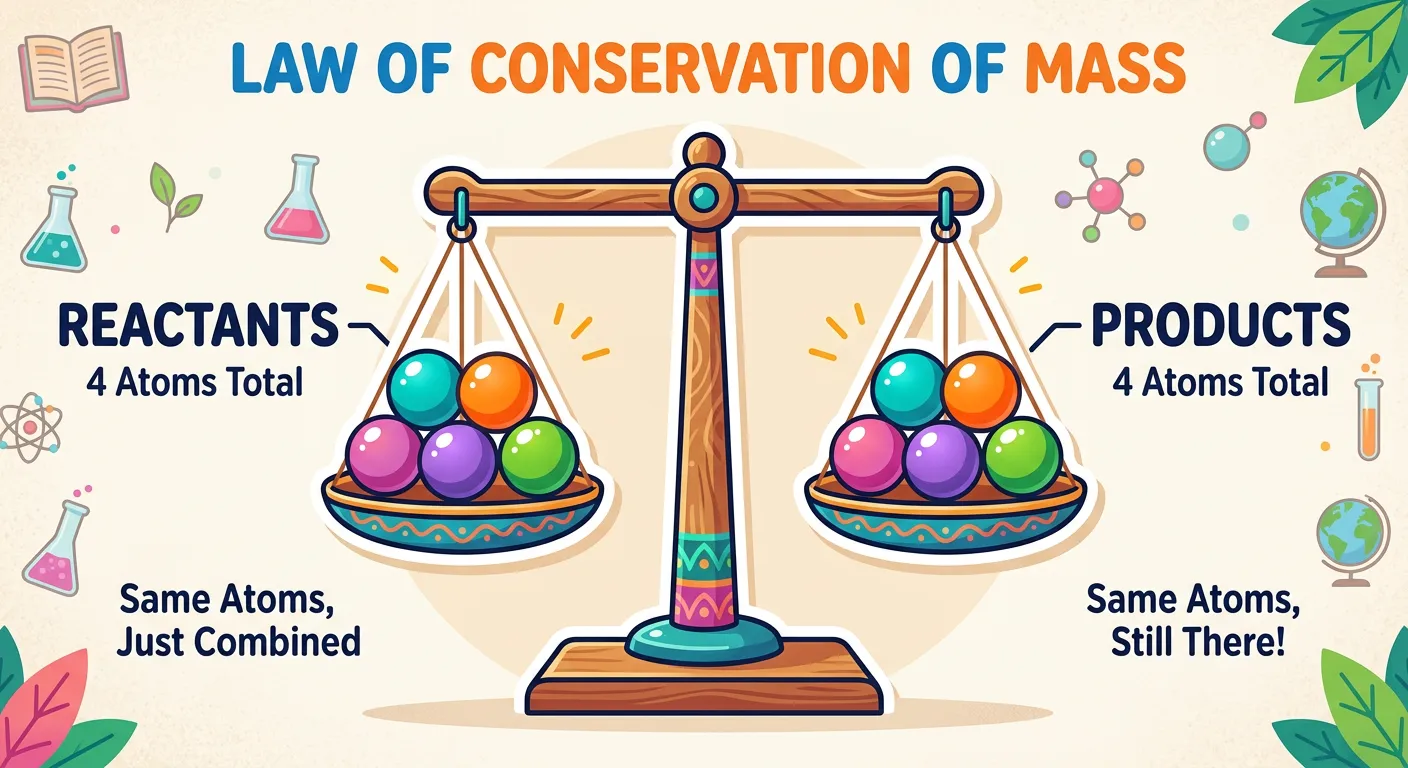 Illustration of the Law of Conservation of Mass using atom counting.