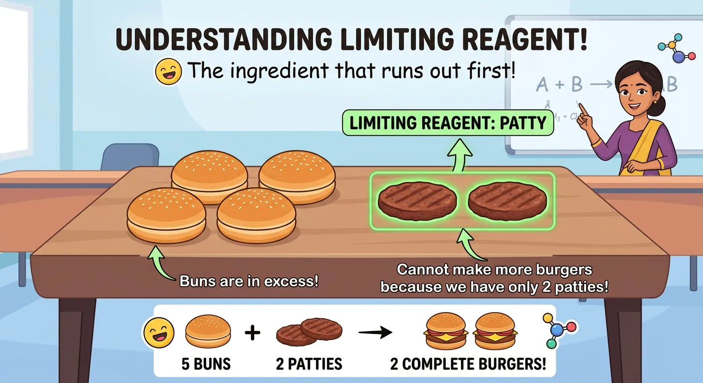 The concept of Limiting Reagent explained with a burger analogy.