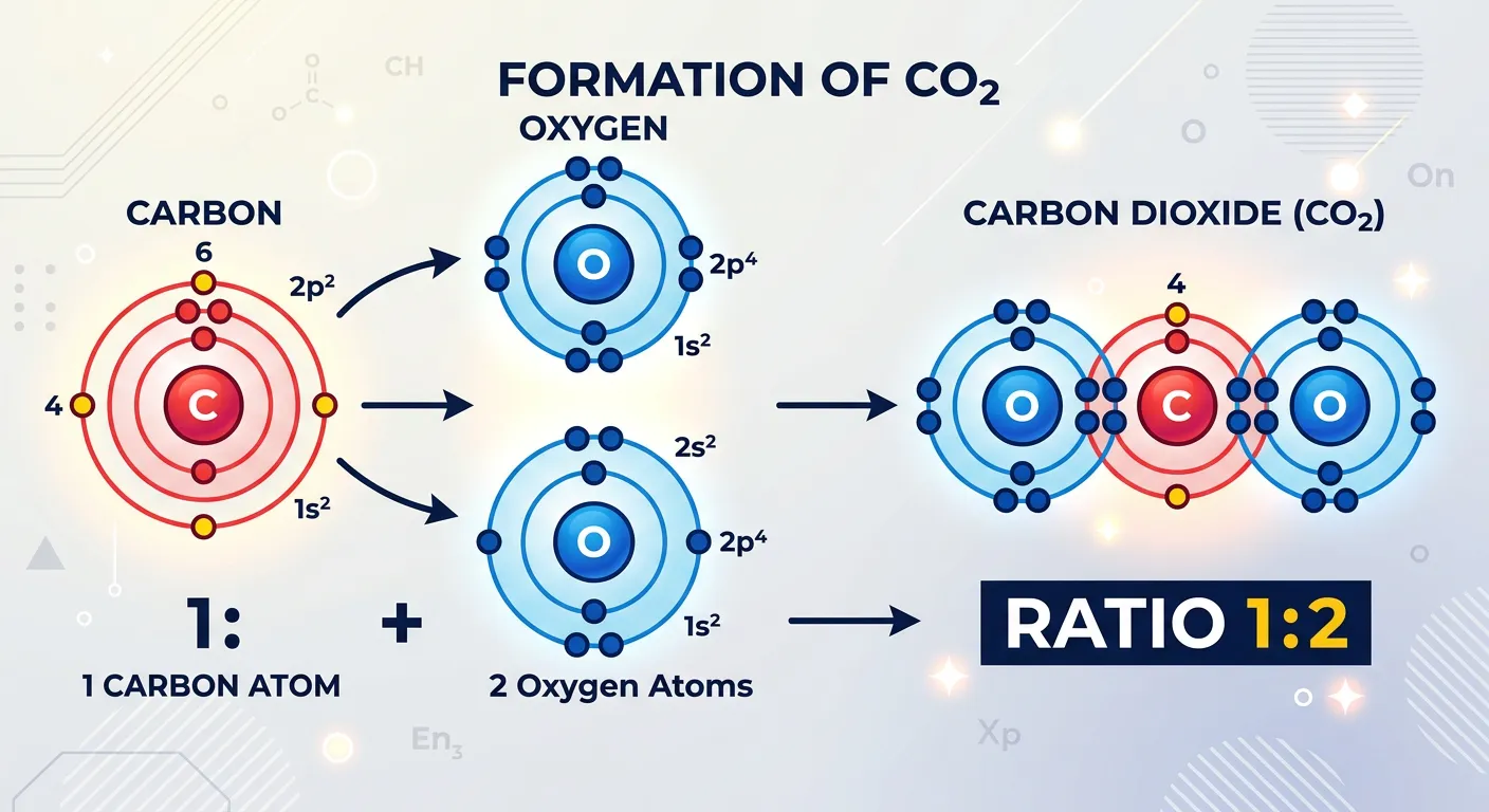 Graphic showing atoms combining in fixed ratios like 2:1 and 1:1 to form different molecules.