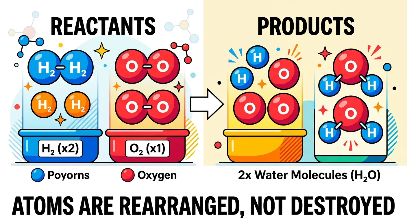 Illustration showing molecules breaking apart and atoms rearranging into new molecules.