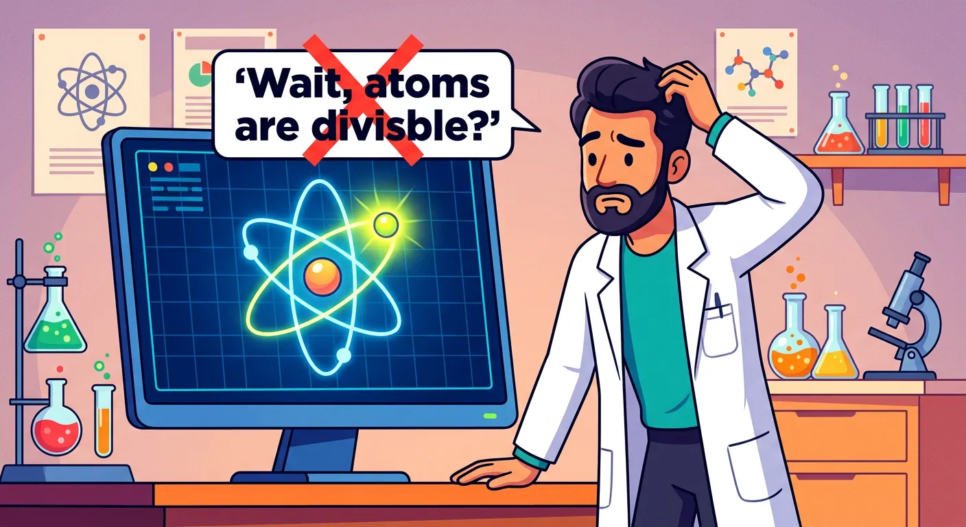 Comparison showing Dalton's solid sphere vs. a modern atom with a nucleus and electron cloud.