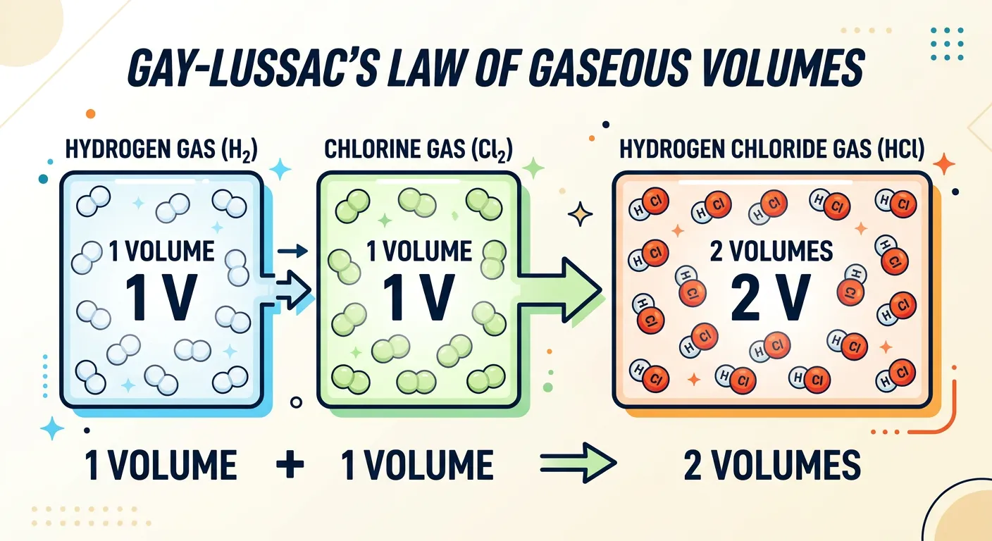 Illustration of gas cylinders showing 100ml H2 and 100ml Cl2 producing 200ml HCl.