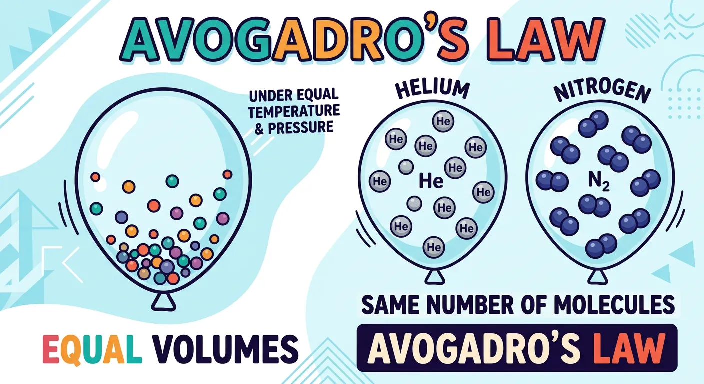 Balloons of different gases showing equal volumes containing the same number of particles.