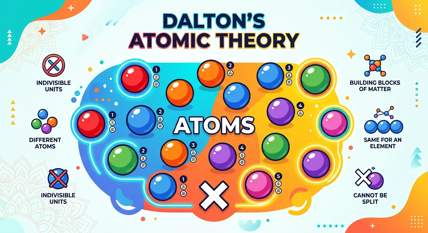 Infographic of Dalton's Atomic Theory postulates with sphere models of atoms.