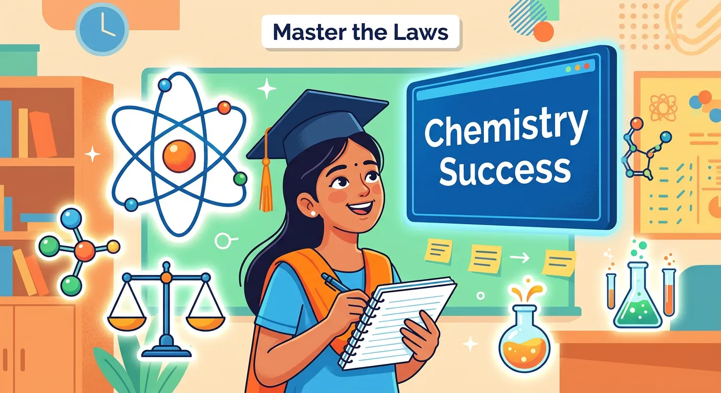 Conceptual map linking all five laws of chemical combination to stoichiometry.