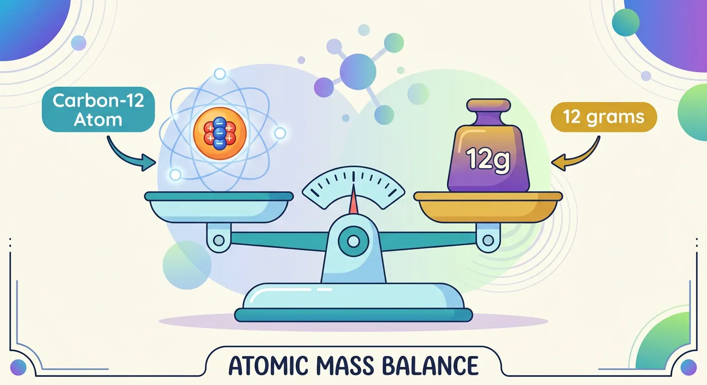 Illustration showing a Carbon-12 atom and its relationship to 12 grams on a scale.