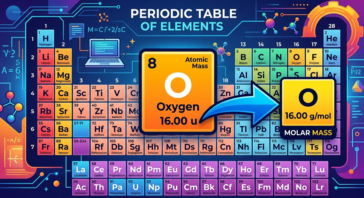 Periodic Table highlighting the atomic mass and its conversion to g/mol.