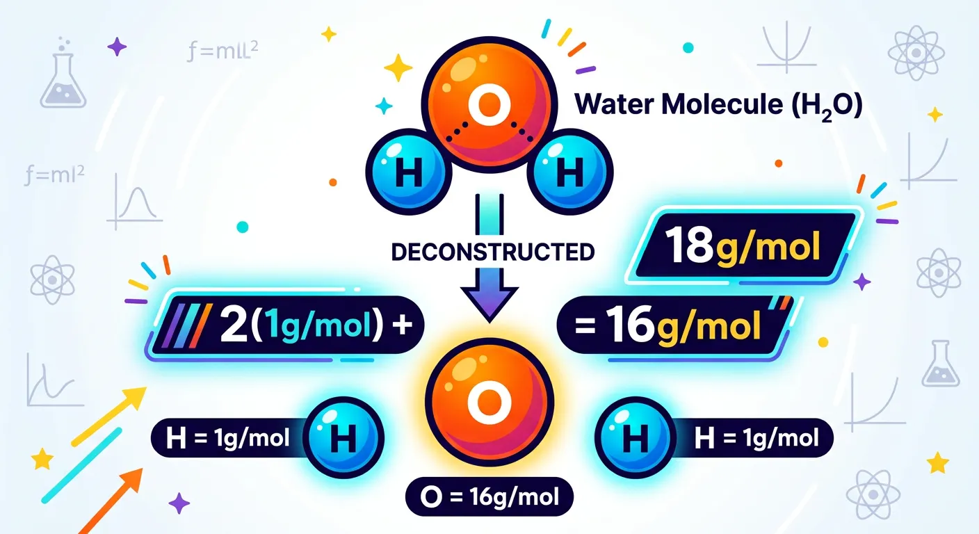 Step-by-step breakdown of H2O molar mass calculation.