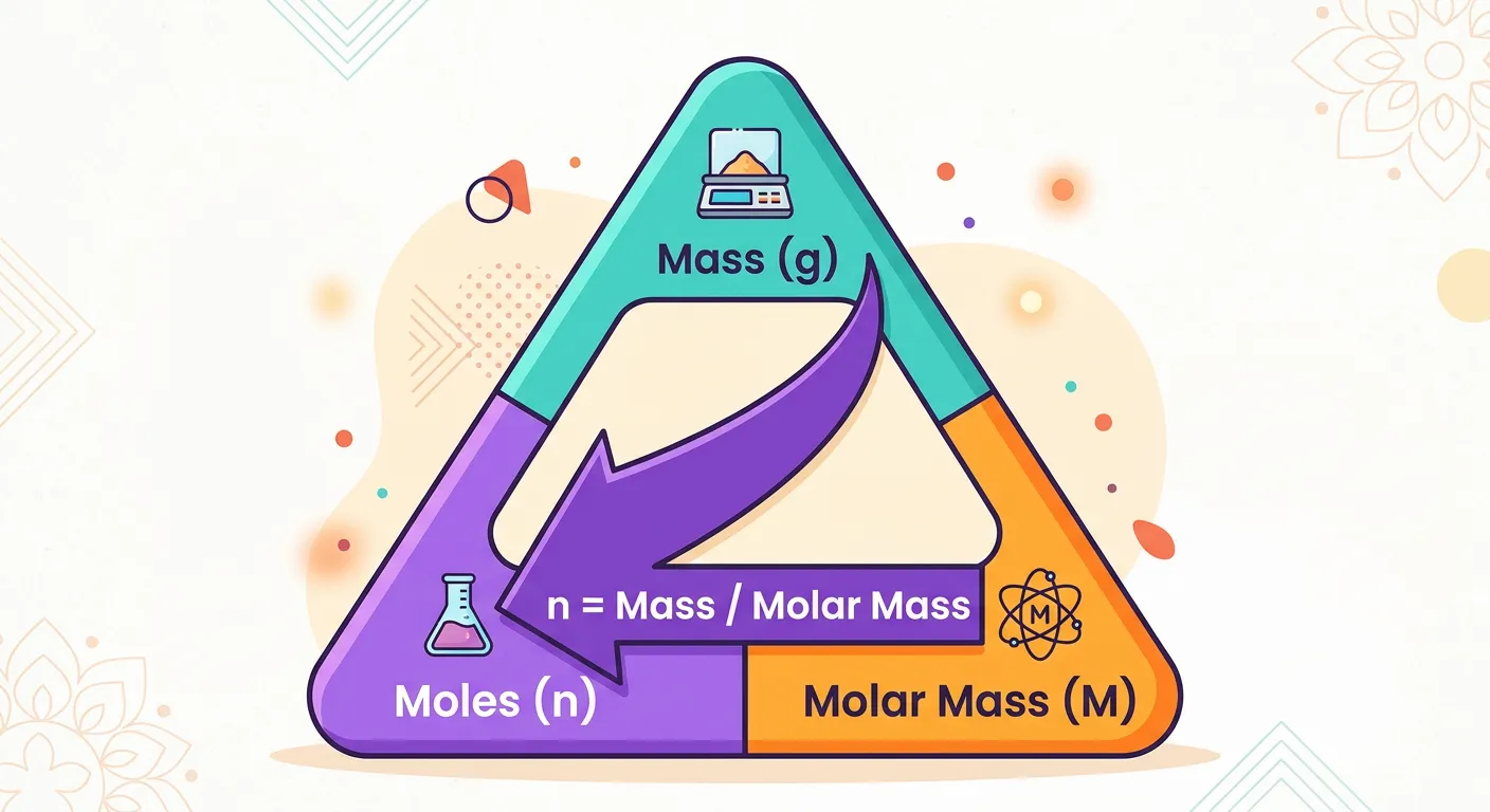 The Mole Triangle showing the relationship between Mass, Moles, and Molar Mass.