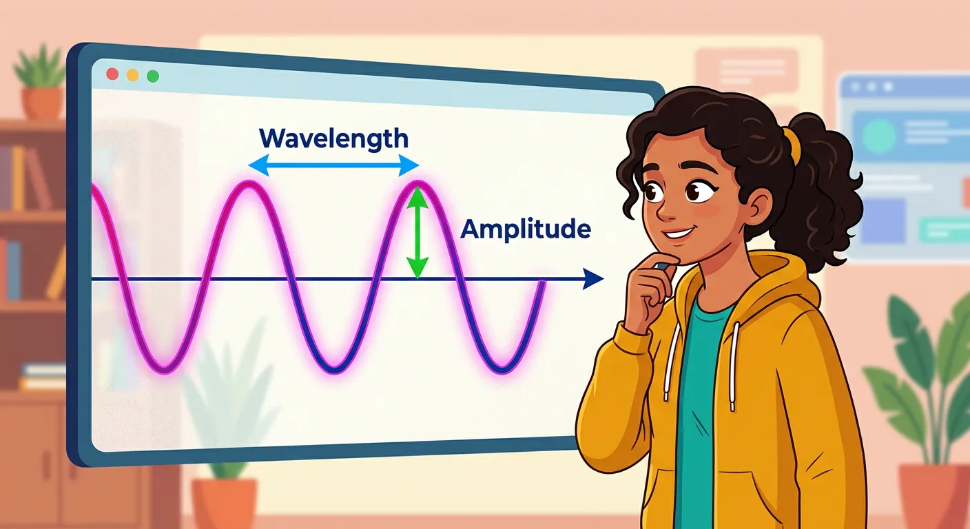 Wave diagram labeling crest, trough, wavelength, and amplitude.