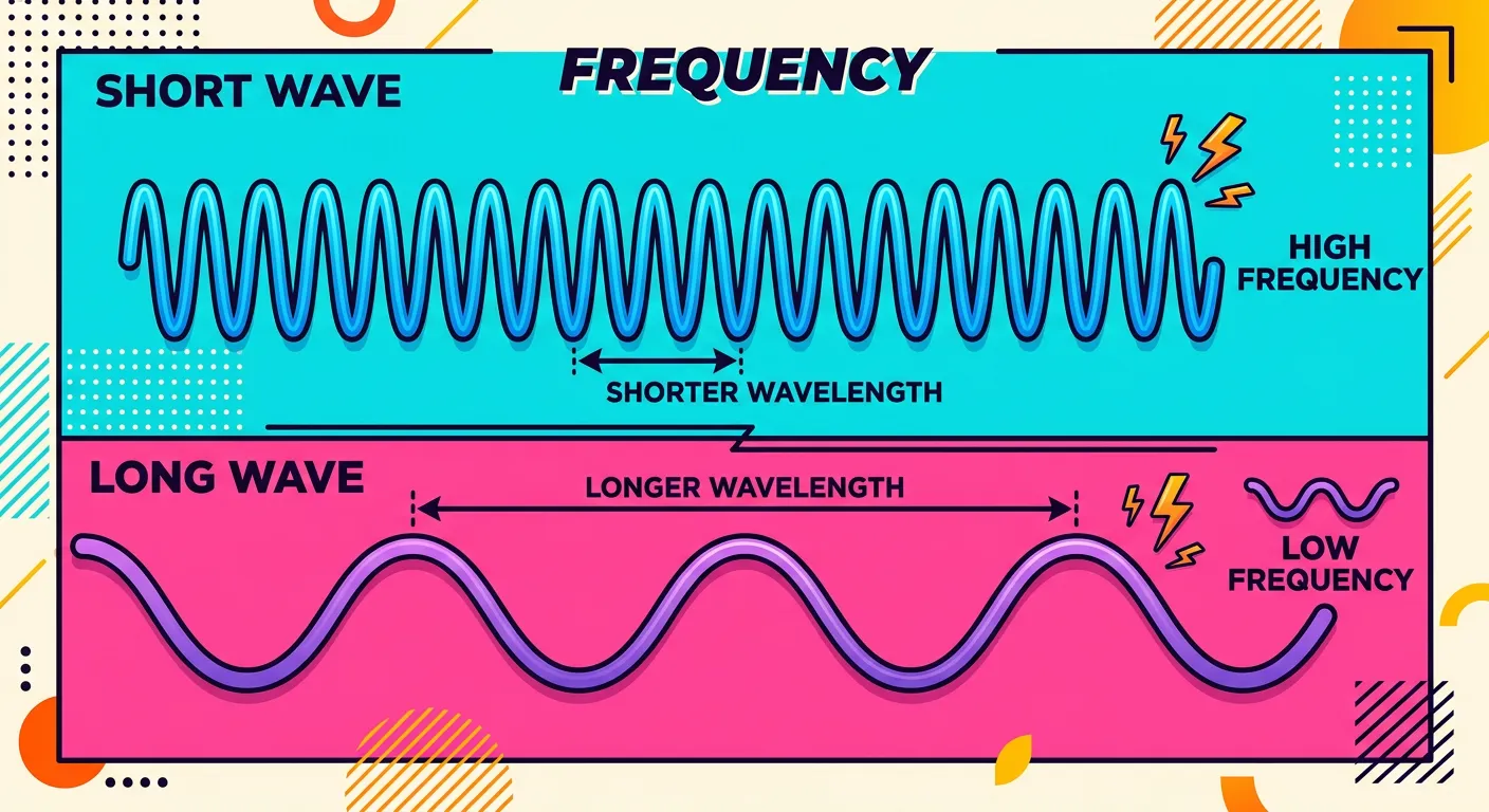Comparison of high-frequency and low-frequency wave cycles over one second.