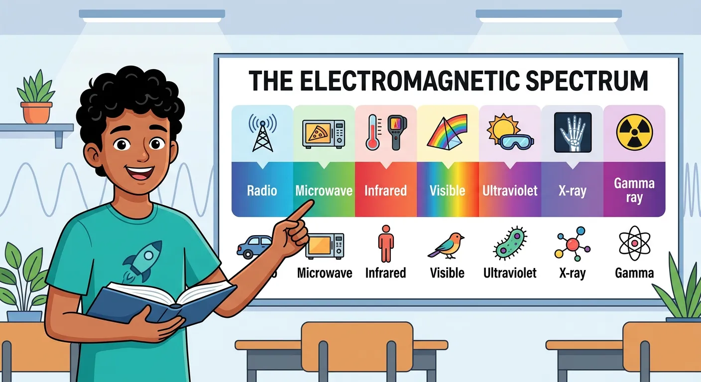 The full electromagnetic spectrum showing regions from Radio to Gamma rays.