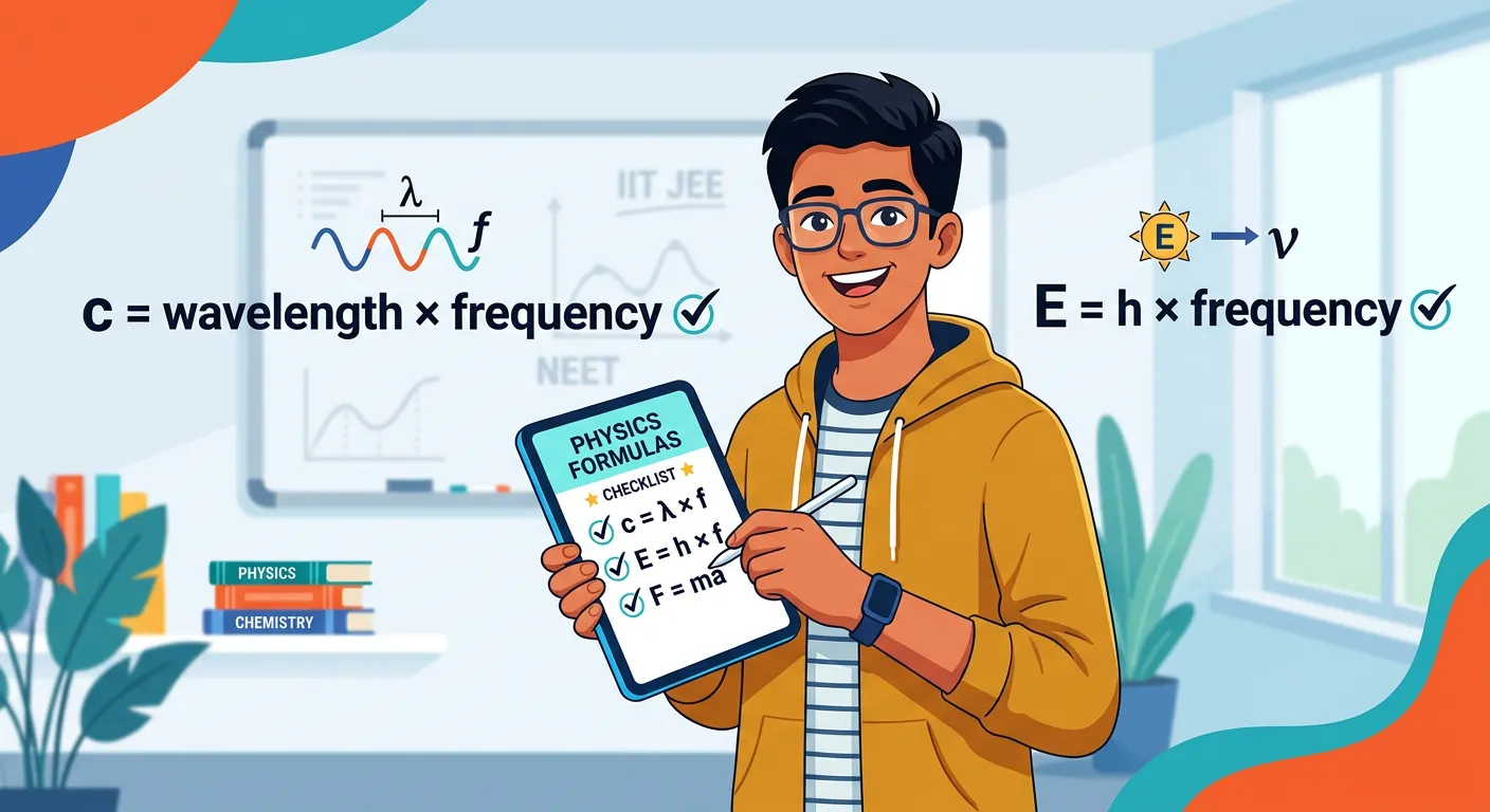 Equation block showing E=hv and c=lambda*v with values for h and c.