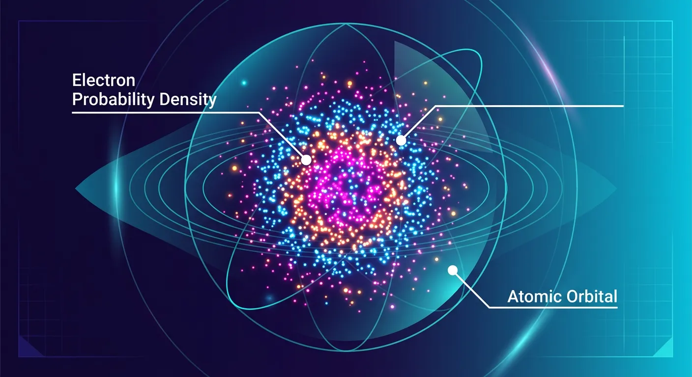 Diagram showing the comparison between a 2D orbit and a 3D orbital cloud.