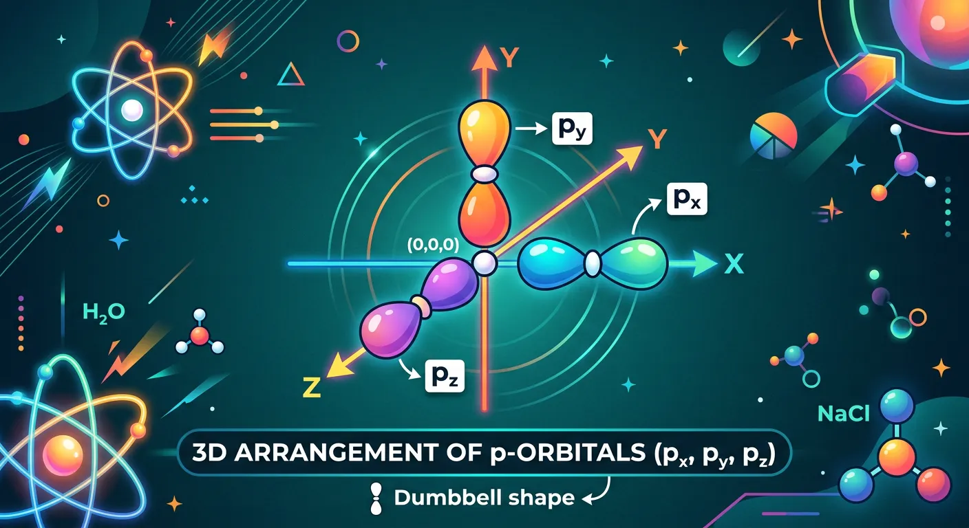3D visualization of px, py, and pz orbitals along the axes.