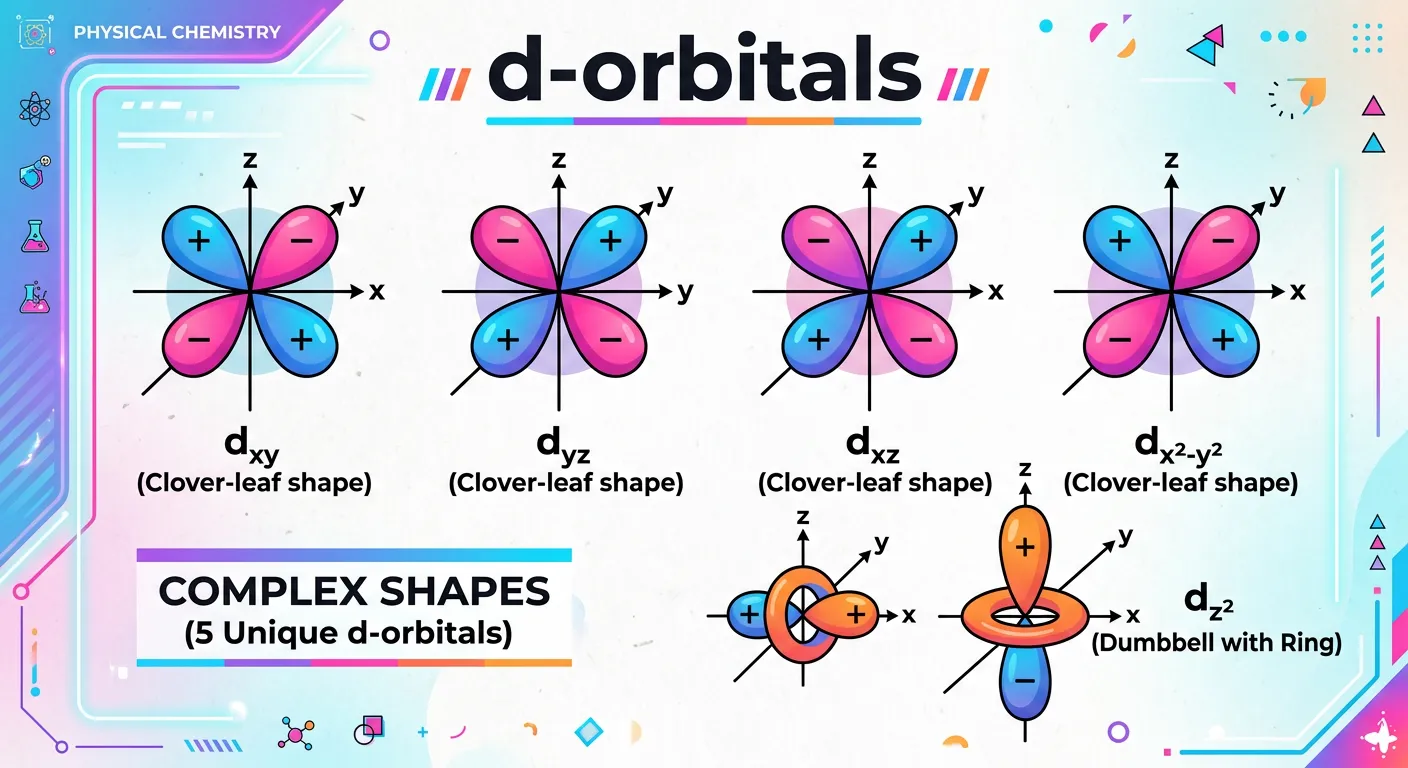 Diagram showing the shapes and orientations of the five d-orbitals.