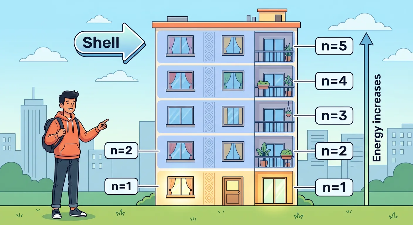 Illustration of atomic shells K, L, M, N expanding from the nucleus.