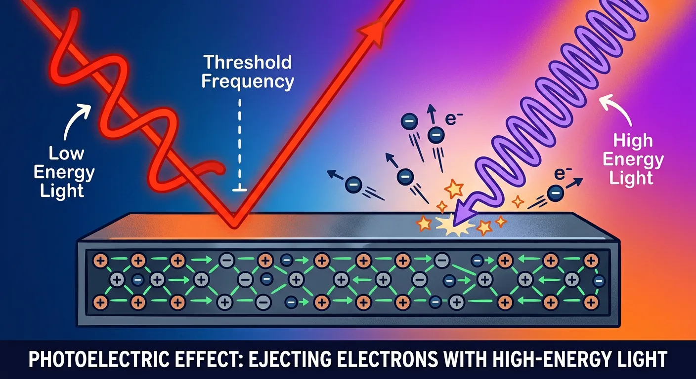 Illustration of different light colors hitting metal; only high-frequency light causes emission.