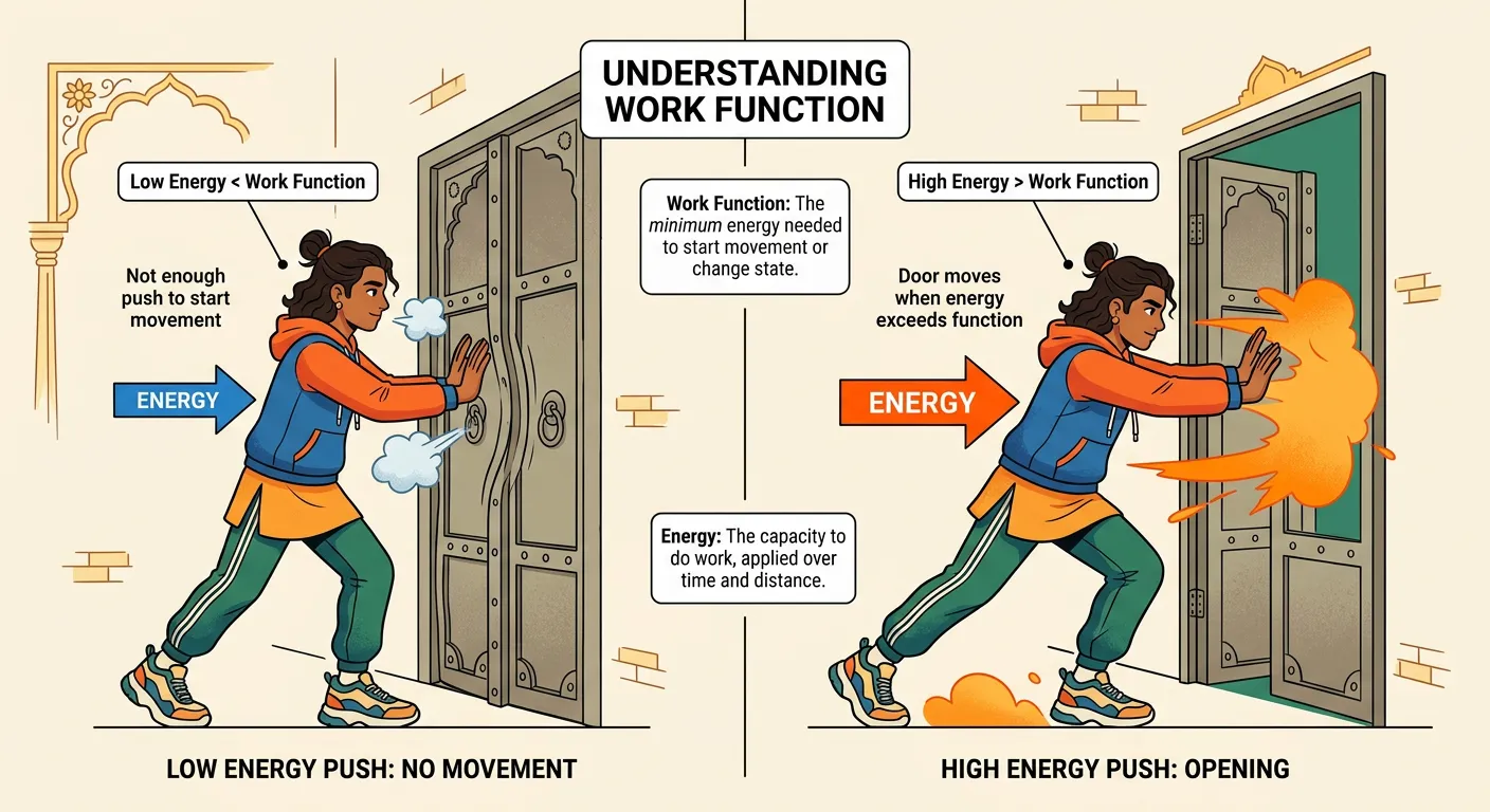 Graphic representing an electron escaping a metal surface after receiving work function energy.
