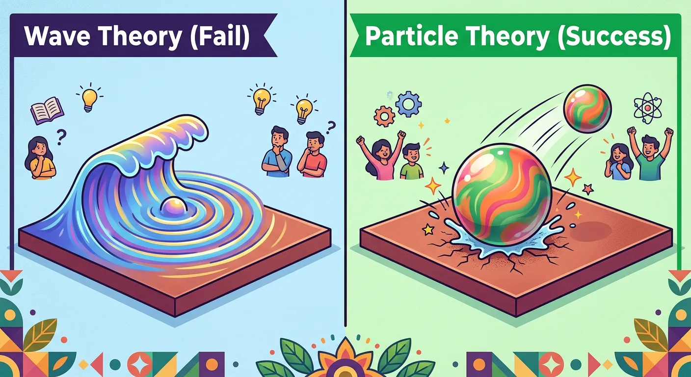 Split diagram showing light as waves on one side and as discrete photon particles on the other.