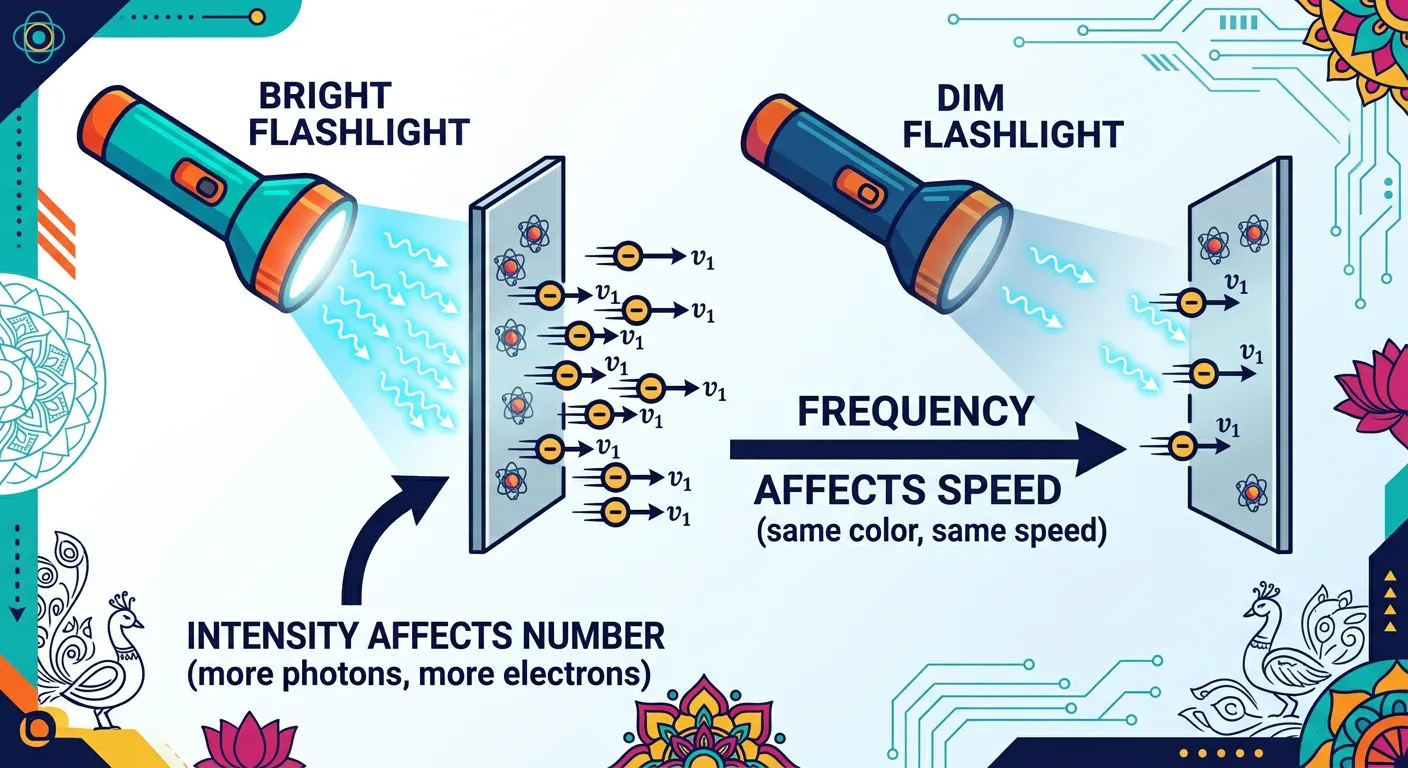 Comparative graphs showing current vs intensity and kinetic energy vs frequency.