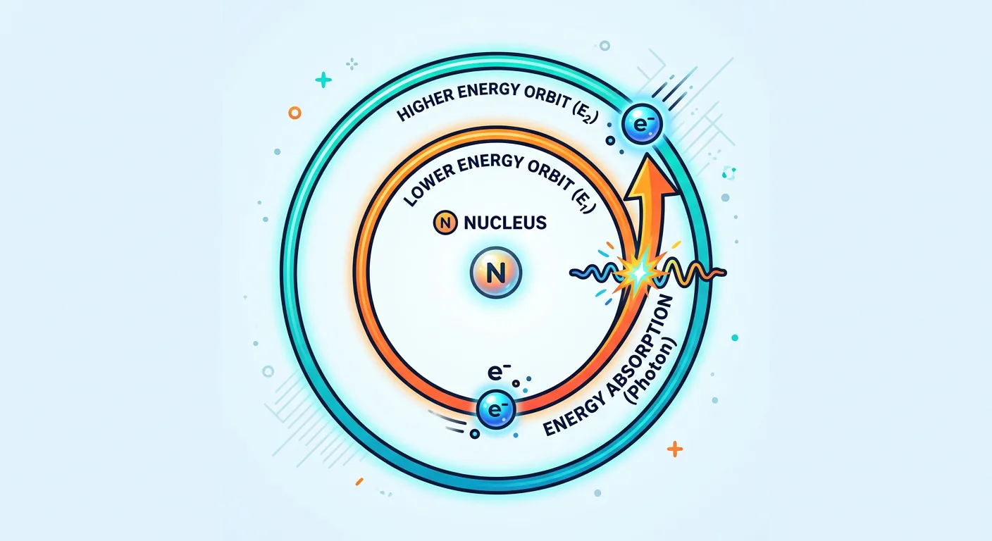 Electron jumping from a lower orbit to a higher orbit upon absorbing a photon.