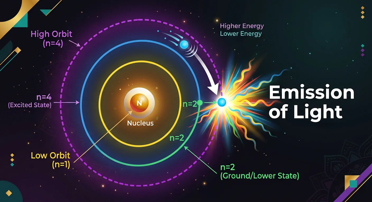Electron falling to a lower orbit and releasing a photon of light.