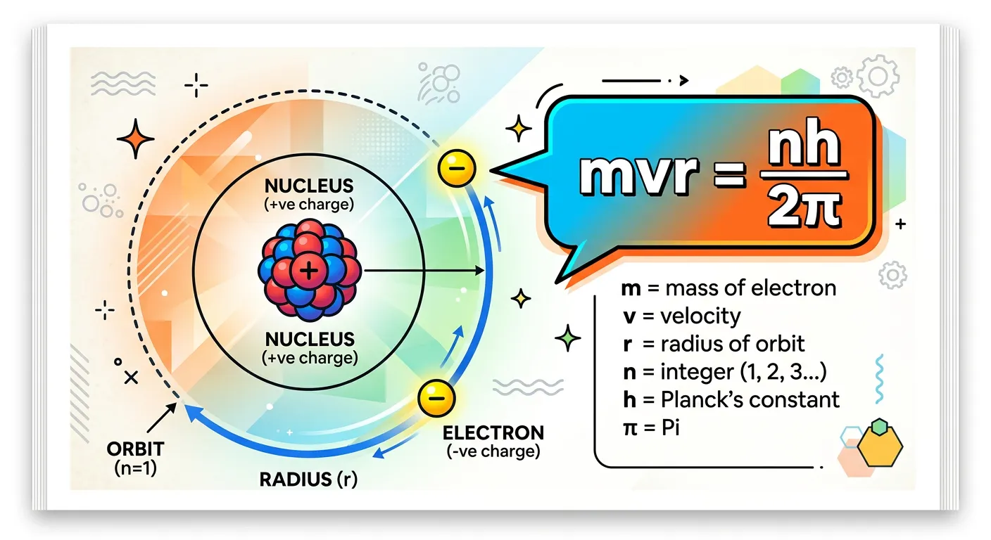Mathematical formula showing mvr = nh/2pi with labeled components.