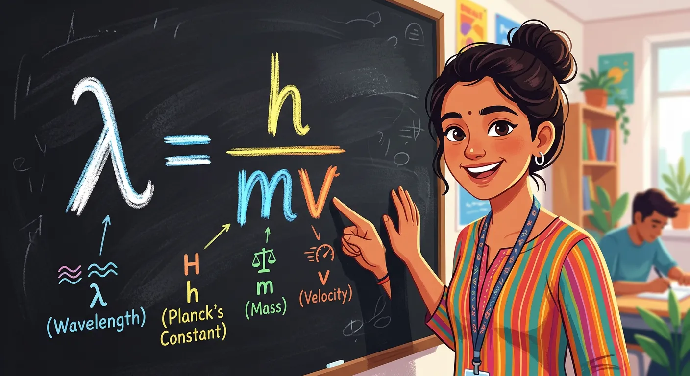 The de Broglie equation λ = h/mv highlighted with variable definitions.